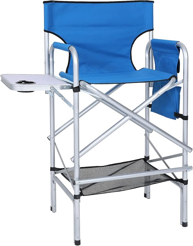 ABCCANOPY Folding Tall Directors Chair Outdoor Camping Chair Makeup Artist Chair with Side Table &amp Pockets Royal Blue