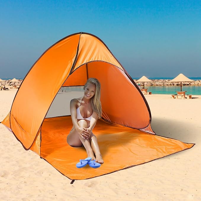 Pop Up Beach Tent Sun Shade Shelter Anti-UV Automatic Beach Tent Canopy for 2-3 People with Net Window Carry Bag for Park Camping (Orange)
