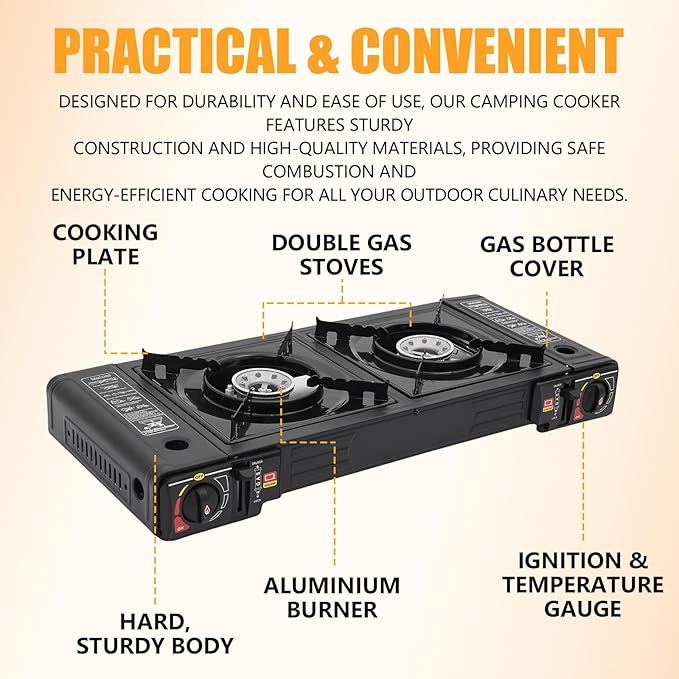 Portable Camping Stove｜24000 BTU Dual Burner Gas Grill w/Removable Case｜Compact 24.8 Outdoor Cooker for RV Tailgating｜Stainless Steel 2-Burner Propane Stove