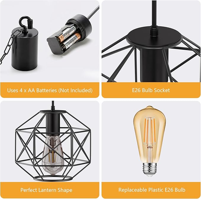 Battery Operated ChandelierGazebo Battery Operated Outdoor Lights Waterproof 7.8′′×7′′Hanging Pendant Light 4 AA Batteriesfor Pergola Patio Porch Garden Barn Room Decor