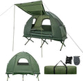 Goplus Camping Tent Cot 5-in-1 Folding Camping Bed with Awning Air Mattress Sleeping Bag Bedspread Off Ground Elevated 1-2 Person Cot Tent with Carrying Bag Air Pump for Camping Picnic Outdoor
