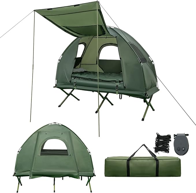 Goplus Camping Tent Cot 5-in-1 Folding Camping Bed with Awning Air Mattress Sleeping Bag Bedspread Off Ground Elevated 1-2 Person Cot Tent with Carrying Bag Air Pump for Camping Picnic Outdoor