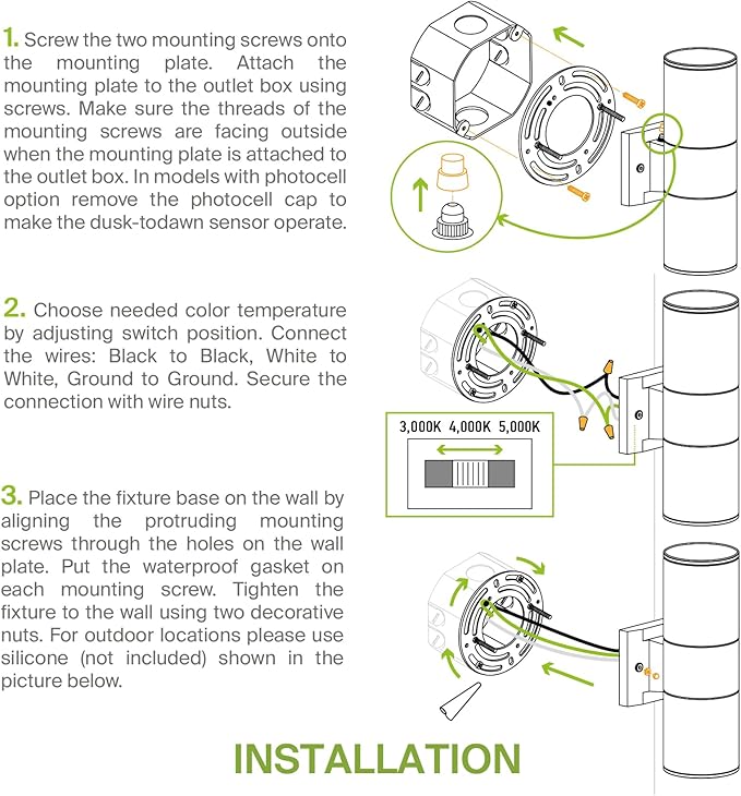ASD 1 Light Dusk to Dawn LED Outdoor Wall Light Fixture | 9W 1000LM 3000K-5000K 120V Cylinder Up Down Lights | Waterproof Exterior Wall Sconce | Front Door Porch Patio | Black ETL