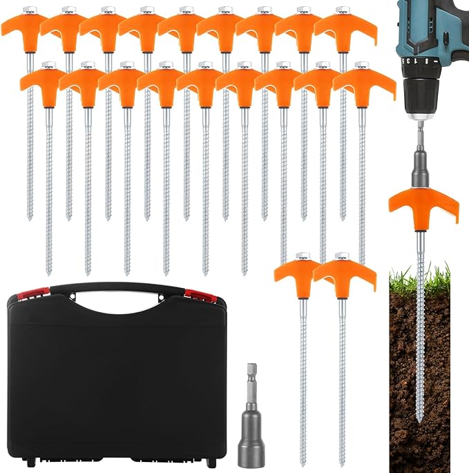 LANIAKEA 20PCS 8 Screw in Tent Stakes Heavy Duty Ground Anchors Screw in Metal Stakes with Hex Head Driver for Camping Grassland Portable Box (Orange)