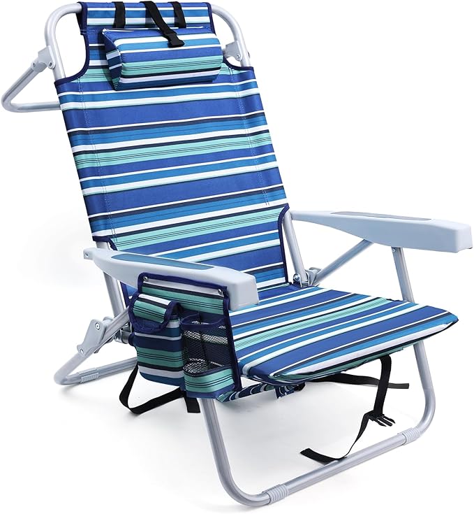 Beach Chairs for Adults Heavy Duty Compact Portable Lay Flat Folding Chair with Backpack Straps and Large Cooler Pouch Support to 350LBS (Stripes_Blue&ampCyan)