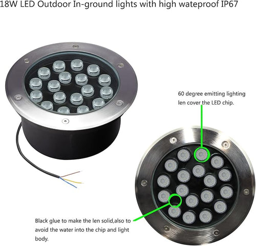 18W Outdoor In Ground LightsDiameter 8 inchesWired Landscape Lighting WaterproofWhite 6500KHigh Voltage 110V 120V Well Lights for WalkwayDrivewayPathwayPack of 4