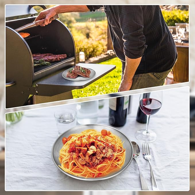 Metal Camping Plates 6 Pack 9.1 inch 304(18/8) Stainless Steel Plates Reusable Pizza Food Serving Snack Eating Salad Dishes Round Shatterproof Plate Silver Dinnerware Dinner Oven Safe