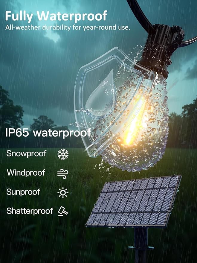luckystyle 30FT Solar String Lights Outdoor Waterproof 2200K with Remote &amp USB Charging 10+1 LED Shatterproof Bulbs Dimmable &amp Timable 3 Light Modes Long Last for GardenPatio Backyard C