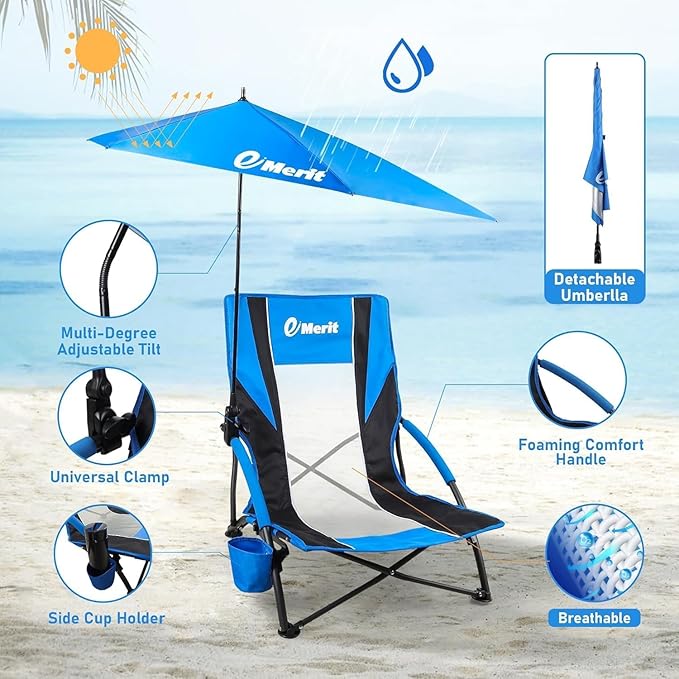 EMERIT Low Beach Chairs for Adults Sling Beach Chair with Umberalla Folding Backpack Camping Chair with Cup Holder