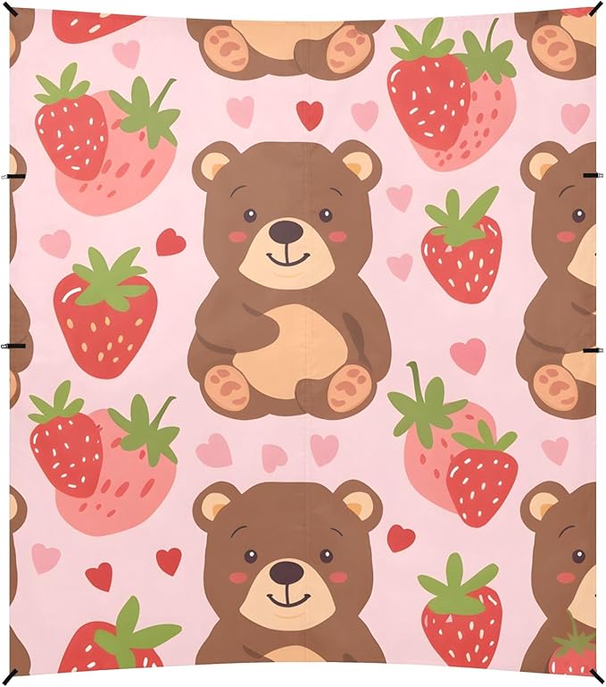 Cartoon Bear and Strawberry Camping Sun Shelter Beach Tent Portable Beach Sun Shade Outdoor Canopy for Camping Trips Fishing Picnic