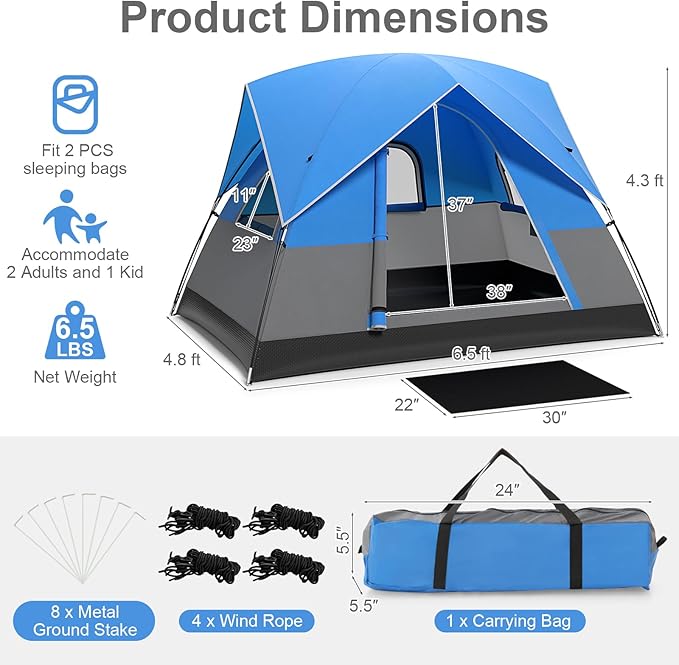 Goplus Camping Tent for 2-3 People Waterproof &amp Windproof Family Dome Tent w/Removable Rainfly Floor Mat Carrying Bag 4 Mesh Windows Easy Setup Portable Backpacking Hiking Fishing Tent