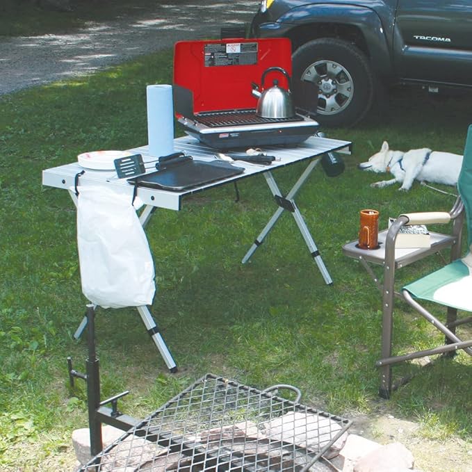 Rio Brands Compact Expandable Outdoor and Camping Aluminum Roll-Top Heat Dissipating Picnic Table Silver 2 in 1