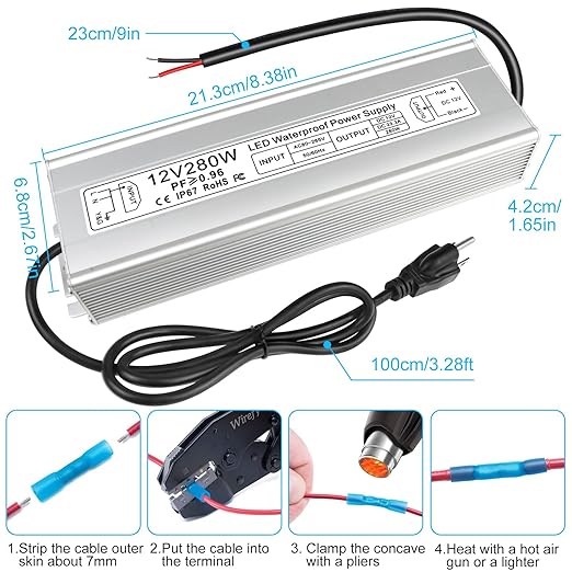 inShareplus 12V 280W Power Supply AC 110-260V to DC 12 Volt IP67 Waterproof LED Driver DC 12V 23.33A Low Voltage Transformer with 3-Prong Plug for LED Outdoor Light Computer Project