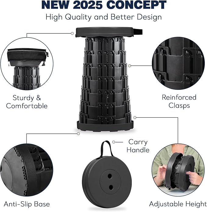 2025 Upgraded Collapsible Stool &amp 3-in-1 Cushioned Carry Bag Adjustable Height Folding Stool Telescopic Camping Chair Retractable Seat or Footrest for Outdoors &amp Travel Max 620lbs