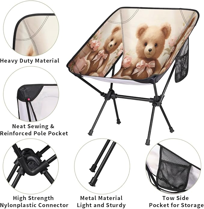 Bear Pattern Camping Chair Lightweight Portable Chairs for Adults Easy Installation Outdoor Foldable Camping Chair for Camping Fishing Hiking Picnic Beach