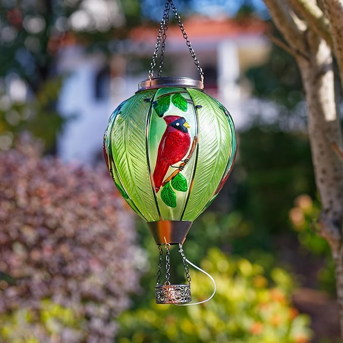 Large Hot Air Balloon Cardinal Solar Lantern Lights with Flame Green Glass Balloon Lantern Waterproof Outdoor Decor for Garden Yard Patio Birthday Mother's Day Gifts for Moms Women