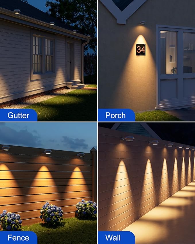 8 Pack White Solar Powered Clip On Gutter Mount Lights Outdoor Waterproof LED Fence Lamp for Lighting Rainspout Railing Outside House Wall Deck Porch Garage Easy Peasy Installation(Warm White)