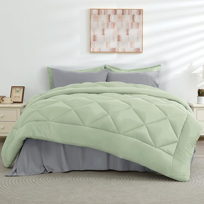 HEVUMYI Twin-XL Comforter Set - 5-Piece All Season Bed in a Bag Twin-XL Ultra Soft Bedding Set with Comforter Flat Sheet Fitted Sheet Pillowcases Pillow Shams Sage Green &amp Light Grey