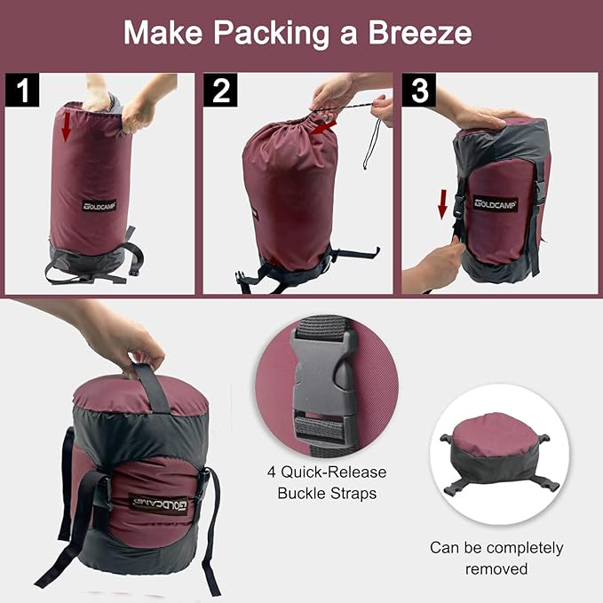 GoldCamp compression stuff sack for Ultralight sleeping bag space saving gear with dust flap18L/30L/43L/49L/65L Compression Stuff Sack Waterproof Camping Travel Outdoor Backpacking (Red XXXL)