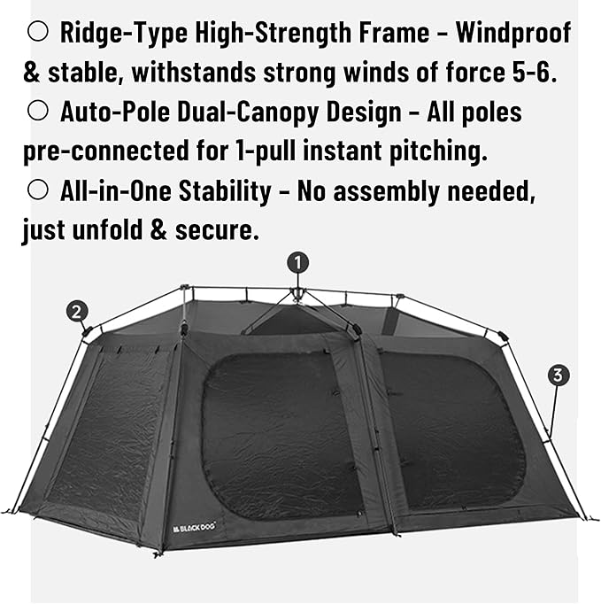 Blackdog 11㎡/116ft² 8-10 Person Camping Tent with Movie Screen 6 Door 2 Room Large Cabin Tent with 5-Sided Mesh Windows Waterproof Big Family Tents for Hiking