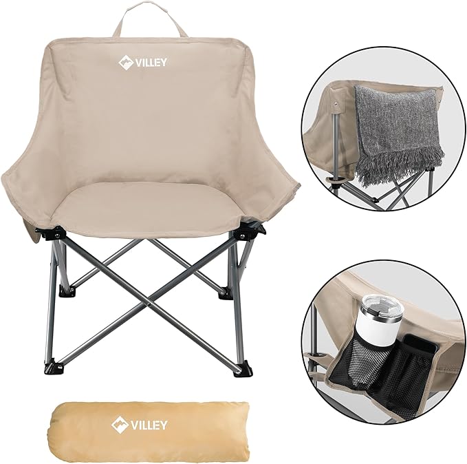 VILLEY Camping Chair Beach Folding Chair Outdoor Lawn Portable Lightweight Chair Foldable Chair with Carry Bag for Outside Hiking Fishing Travel Beach and Sports Beige