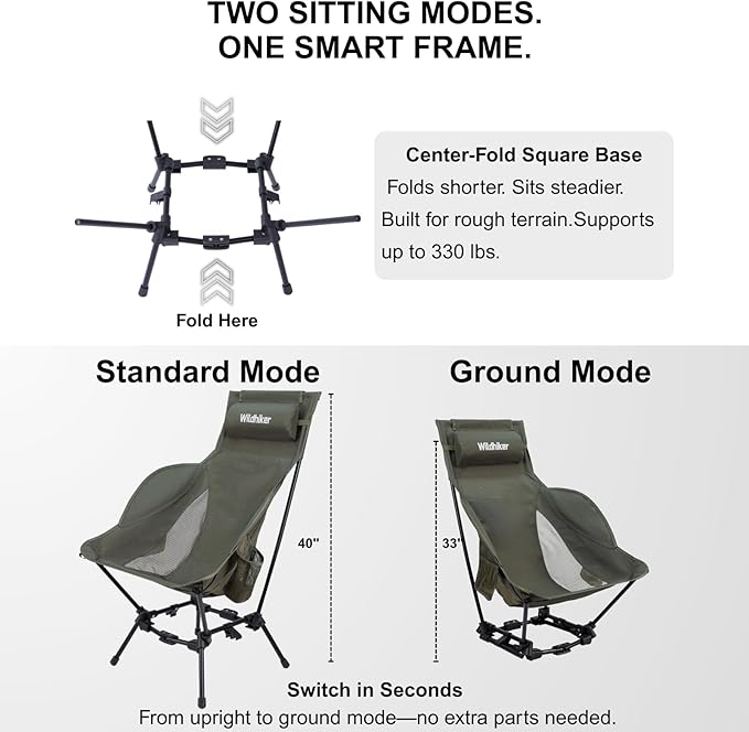 Wildhiker Compact High Back Camping Chair - Foldable with Dual Sitting Modes Pillow Arm Pads and Side Pockets - Lightweight Portable Chair for Motorcycle RV Festival Travel - Green