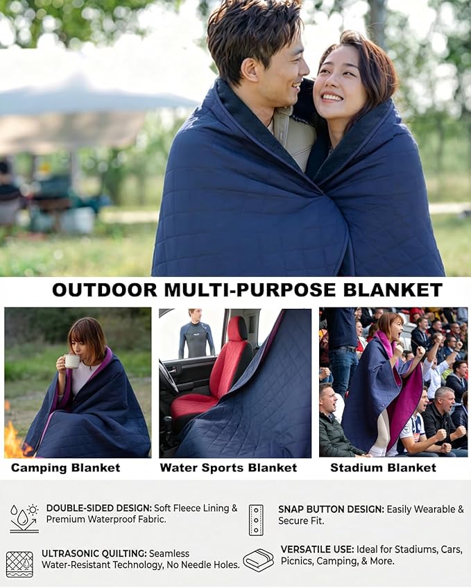 Waterproof Outdoor Stadium Blanket – Quilted &amp Windproof 57x49 Compact Picnic &amp Beach Blanket for Camping Sports Travel – Car Seat Cover for Post-Water Activities (Navy+Violet)