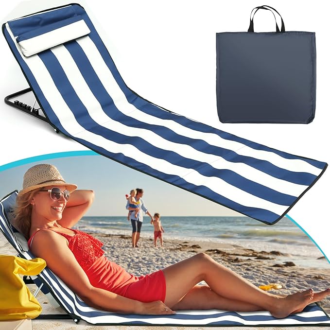 Portable Beach Mat Lounge Chair and Tote Recliner Beach Mat Oxford Cloth Sun Chair Adjustable Tilt Angle Folding Tanning Waterproof with Pocket for Holidays Garden Camping Park