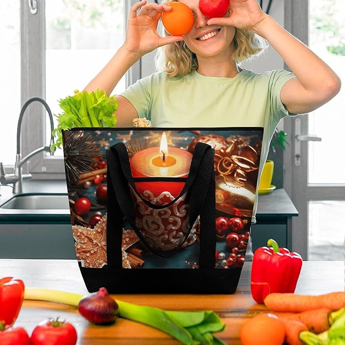Insulated Shopping BagLarge Reusable Cooler Bags Christmas Candle Printed Foldable Shopping BagTravel Waterproof Shoulder Bag