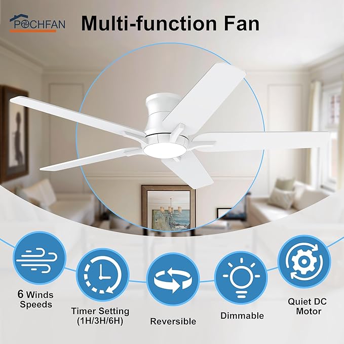 52 Inch White Ceiling Fans with Lights and Remote Flush Mount Low Profile Ceiling Fan for Bedroom Living Room Patio Dimmable 6 Speeds Noiseless Reversible ETL Listed