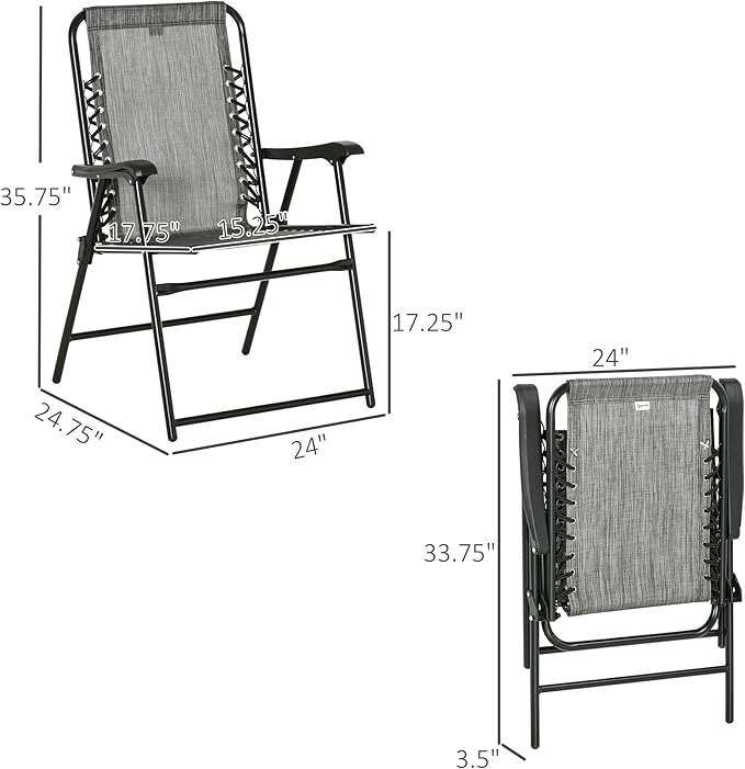Outsunny Set of 2 Patio Folding Chairs Outdoor Bungee Sling Chairs w/Armrests Portable Lawn Chairs for Camping Garden Pool Beach Backyard Gray