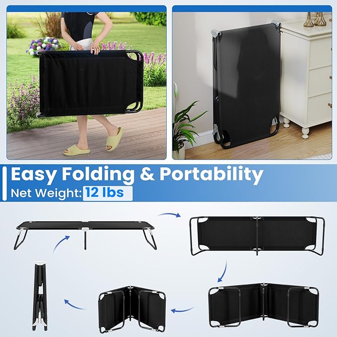 GYMAX Folding Camping Cot Portable Ultralight Compact Sleeping Cot Bed for Adults with Oxford Fabric for Outdoor Travel Backpacking Hiking Patio Home Office 330LBS (1 Black)