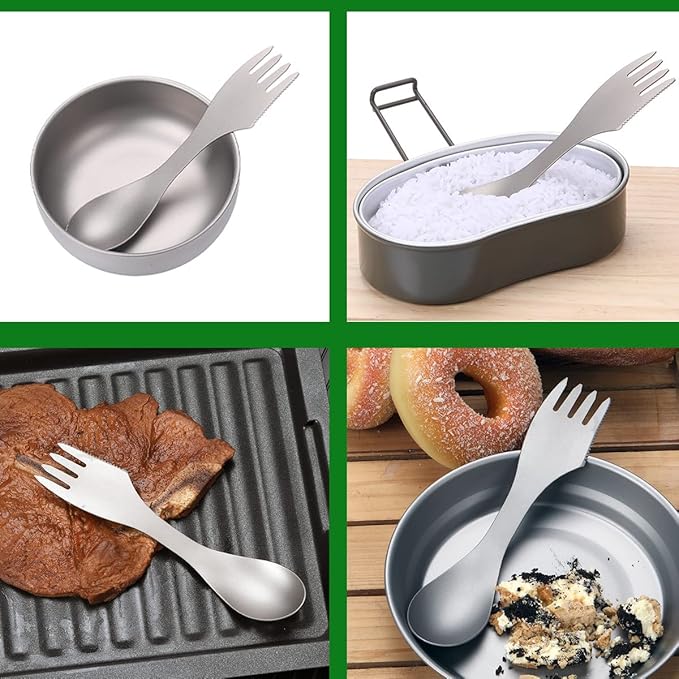 Camping Titanium Spoon Fork Knife Combo 3-In-1 Outdoor Cutlery Combo Lightweight Flatware Eco-Friendly Tableware for Hiking Office Travel Picnic Dishwasher Safe 2pack