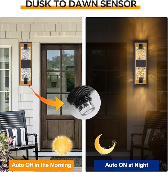 HITTO Porch Lights Outdoor Dusk to Dawn Outdoor Lighting 15.6'' Outdoor Wall Sconce IP65 Waterproof LED Exterior Lamp Ripple Crystal Glass Black&ampGold Modern Porch Light for House Front Door 2
