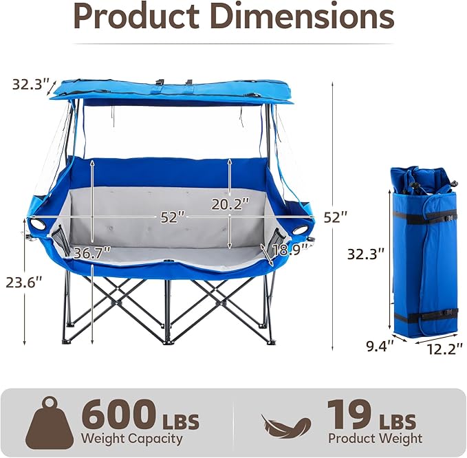 TUKAILAi Double Camping Chair with Canopy Shade Oversized Folding 2 Person Loveseat with Cup Holders and Side Pockets Portable Outdoor Couch for Beach Lawn Picnic Fishing (Blue + Grey)