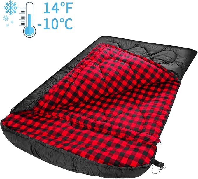 AGEMORE 0 Degree Double Sleeping Bag for Adults Cotton Flannel Lined 2 Person Queen Size Warm Sleeping Bag for Family Winter Camping or RV Traveling