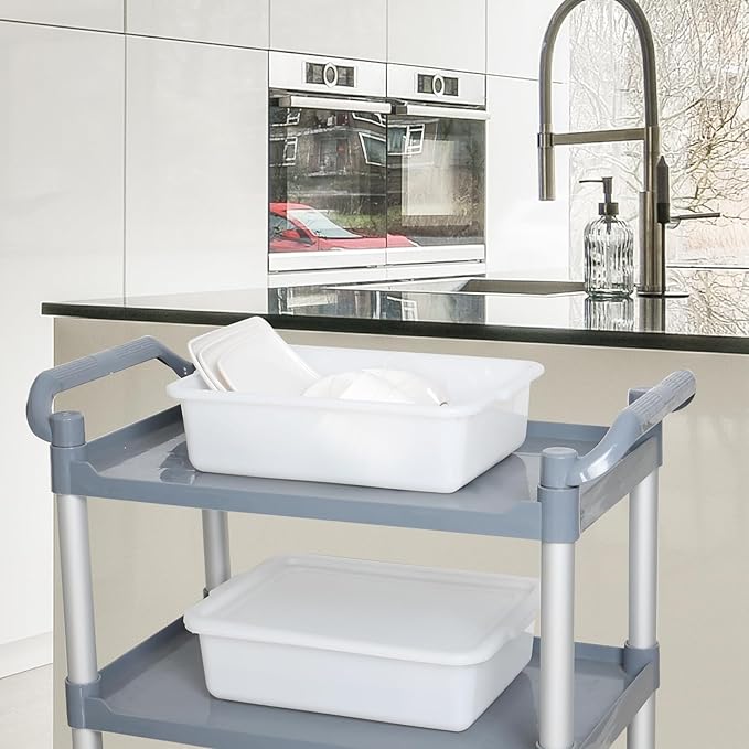 3-Pack 13 L Plastic Commercial Bus Tub with Lid Restaurant Dish Tub White
