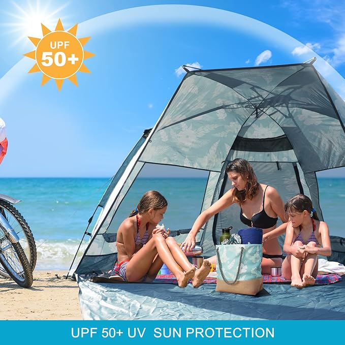 Beach Tent Sun Shelter for 4-6 Person - Pop Up Beach Tent UPF 50＋ UV Protection Lightweight and Easy Setup Cabana Extendable Floor with 3 Ventilating Windows Carrying Bag