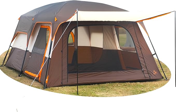 KTT Extra Large Tent 12 PersonFamily Cabin Tents2 Rooms3 Doors and 3 Windows with MeshStraight WallWaterproofDouble LayerBig Tents for OutdoorPicnicCampingFamily Gathering.