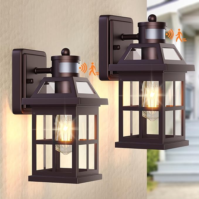 Bronze Outdoor Wall Lights with Motion Sensor ETL Exterior Light Fixtures Waterproof 2 Pack Anti-Rust Aluminum Porch Lights Dusk to Dawn Outdoor Lights Brown Lantern Sconces for House