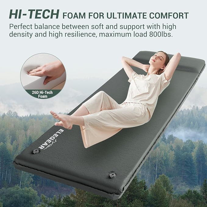 Elegear Self Inflating Sleeping Pad 3.15 Ultra-Thick Memory Foam Camping Pad with Pillow Fast Inflating in 20s Insulated Camping Mattress Pad 4-Season Camp Sleeping Mat for Camp/Travel/Car/Tent