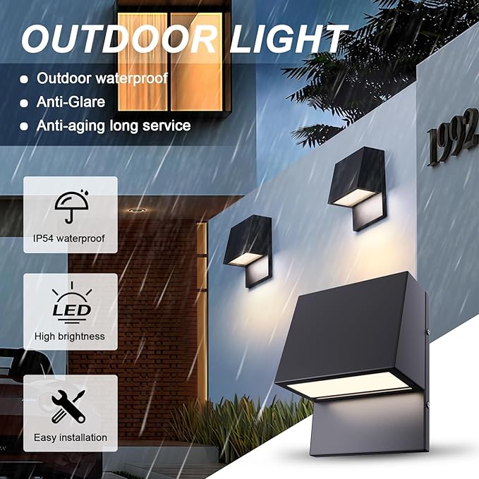 LED Modern Outdoor Wall Light Waterproof Wall Sconce 15W 3000K Matte Black Wall Mounted Lamp Exterior Wall Sconce Light for Porch Front Door Entryway Patio Hallway 2Pack