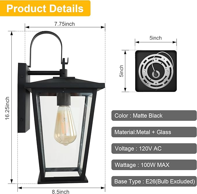 Kalium Outdoor Wall Lights Fixtures Lantern Frame 16 1/8 Outside Lights Black Transitional Durable Metal Clear Glass for Post Exterior Barn Deck House Porch Yard Patio Garage Garden
