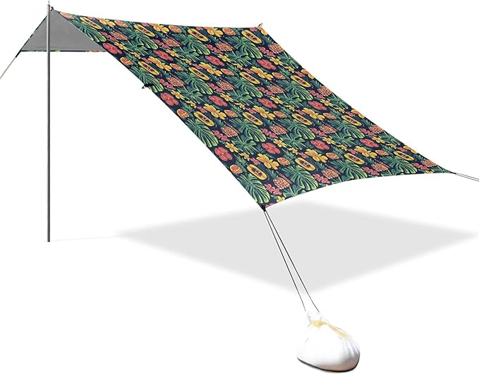 ALAZA Tropical Flower Palm Leaves Beach Tent Sun Shelter UPF50+ Protection Beach Shade Canopy w/ 4 Sandbags for Outdoor Camping Fishing Backyard Fun Picnic 10x9 ft