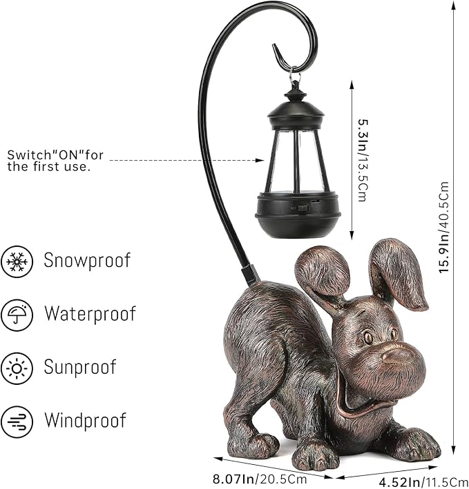 Laughing Dog Figurine with Solar-Powered LED Light 15.9 Inch Tall Antique Bronze Perfect for Gift Garden Decor or Housewarming for Dog Lovers