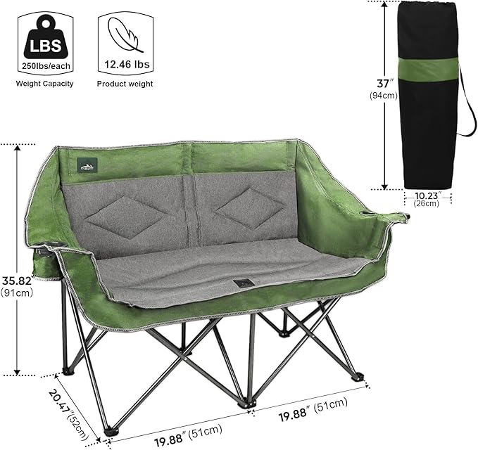 Northroad Folding Loveseat Camping Chair Portable Double Duo Full Padded Garden Chair for 2 Person Sofa w/ 2 Cup HolderWine Glass HolderMesh StorageSupport 600lbs for Picnic Beach Travel (Green)