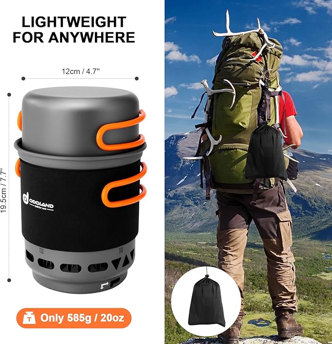 Odoland Heat Exchange Camping Pot with Backpacking Stove 7-In-1 Camping Cookware Mess Kit for Hiking Trekking Fishing and Picnic