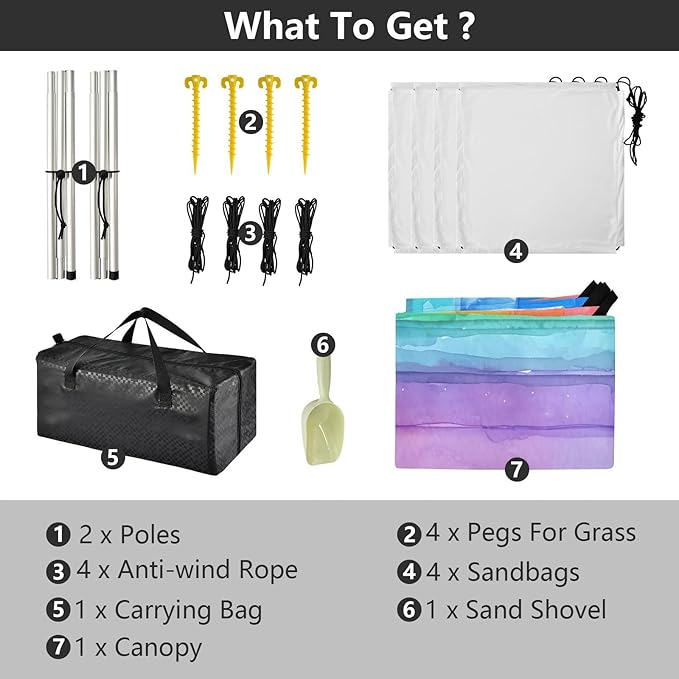 Rainbow Watercolor Stripes Beach Tent Sun Shelter 9.2' x 10.5' Beach Canopy with 4 Sandbags 4 Stability Poles Sand Shovels - Tent Canopy for Beach Camping Fishing Picnics