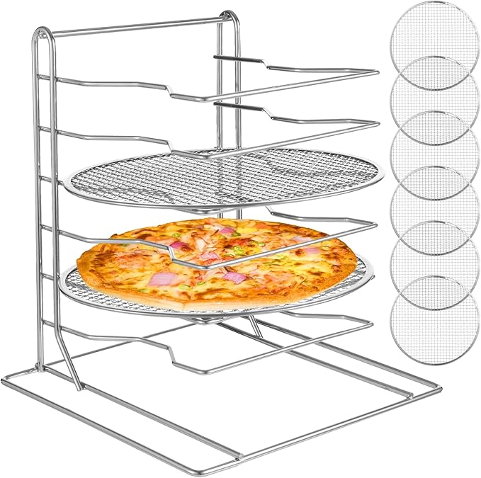 OMISTAR 6 Tier Pizza Rack With 6 Perforated 12 Inch Perforated Pizza Pans with Holes 13.3' H x 12'' L x 12'' W Pizza Pan Rack Holder for Buffet Table Easy Storage Multiple Pizzas (6 Tier)