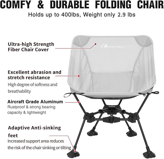 MOON LENCE Portable Camping ChairLightweight Backpacking Hiking ChairsCompactFoldablewith Anti-Sinking Large Feet for Beach330 lbs Capacity (Grey Standard)